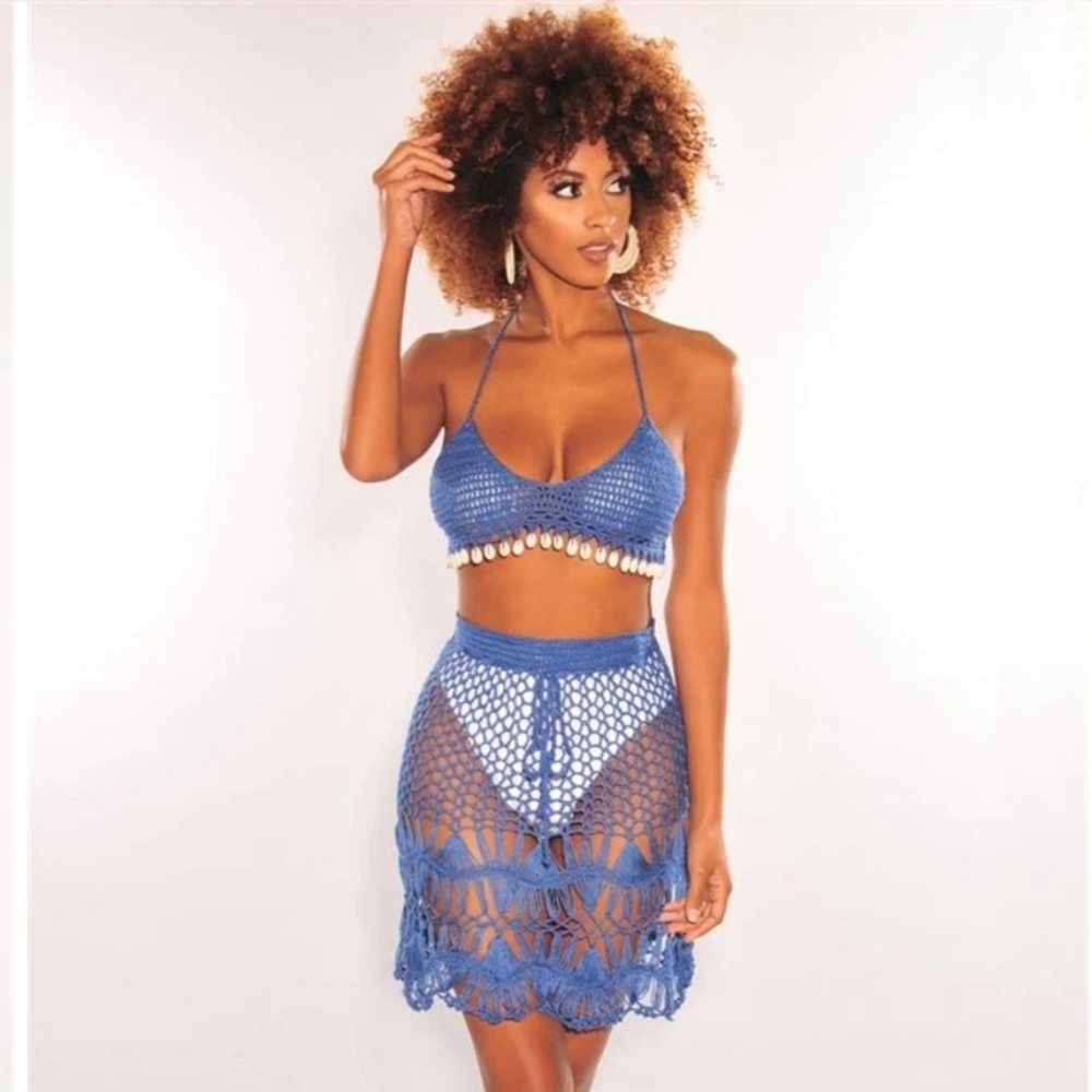 DEEP BLUE CROCHET HALTER COWRIE SHELLS SKIRT TWO PIECE SET COVER UP